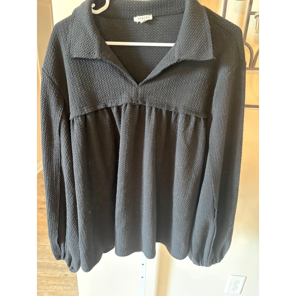 Jodifl Black Textured Waffle Knit Babydoll Top Long Sleeve Collar V-Neck Large